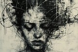 Fototapeta  - Illustration einer Frau mit Depressionen, Künstlerischer Ausdruck von Depressionen 