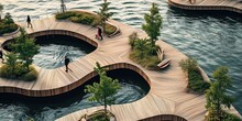 Modern Wooden Waterfront Concept, Organic Shapes, Biodegradable Materials, Trees And Benches