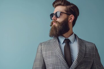 Wall Mural - A young bearded Caucasian man wearing a grey checkered suit, tie and sunglasses on a blue background