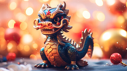 Wall Mural - Banner with small cute dragon with bokeh background for Christmas. Chinese New Year decoration close up of dancing dragon on festive background