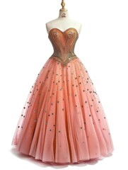 Wall Mural - A dress on a mannequin stand with a pink dress on it, modern prom dress design on white background.