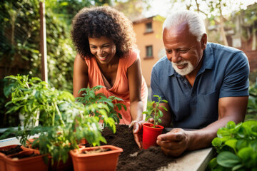 Wall Mural - Multiracial married middle aged couple planting herbs at the backyard