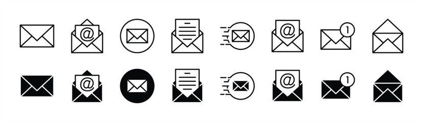 Mail thin line icon set. email, E-mail, and envelope icon. Containing send, receive, read, inbox, message, and buttons symbol for app and website. Vector illustration