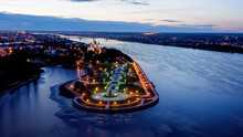 Yaroslavl, Russia. Strelka (Spit), Kotorosl Flows Into The Volga River. City Lights After Sunset, Twilight, Aerial View