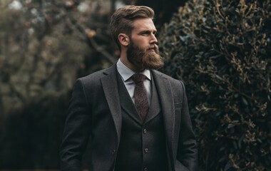 Wall Mural - A young bearded Caucasian man wearing a grey suit and tie posing outdoors