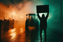 Farmers protest against green deal concept - silhouette of tractor and a protester shadow holding a sign in foggy night with copy space