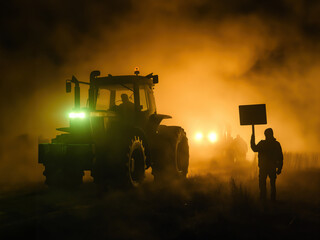 Wall Mural - Farmers protest against green deal concept - silhouette of tractor and a protester shadow holding a sign in foggy night with copy space