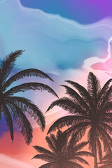 Wall Mural - seascape with palm trees at sunset, neon, silhouettes of palm trees, reflection in the water.