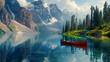 Serene Mountain Lake with Red Canoe, Lush Greenery, and Majestic Snow-Capped Peaks