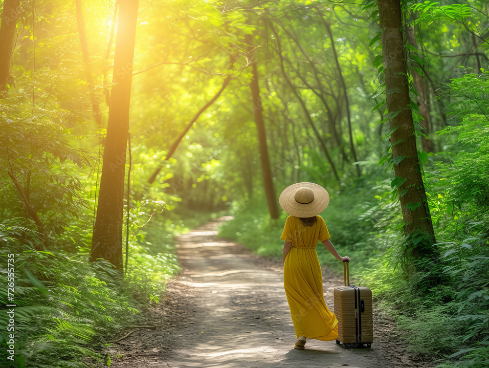 Woman in a hat and yellow long dress walking along a path in the forest ...