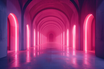 Poster - Arched corridor with neon lights. Background image. Created with Generative AI technology