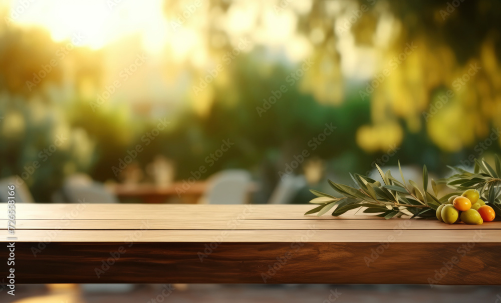 Branch of green olives with leaves on empty wooden table on blurred ...