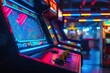 Neon lit arcade cabinet in a dim game room
