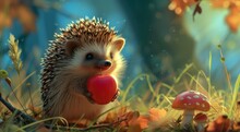 A Small, Adorable Hedgehog In A Vibrant Autumnal Forest Scene, Holding An Apple Amidst Fallen Leaves And Mushrooms.