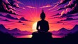 Cartoon style illustration of a meditating  buddha silhouette at sunset.