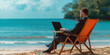 © Valeriia - Businesslike adult male man using laptop in cafe on a tropical luxury beach resort. Mature businessman in suit working on computer on the beach. Freelance online remote work concept