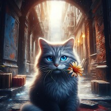 Cat With Blue Eyes In An Old Haunted Building With A Flower In Its Mouth Digital Art Illustration Cinematic Background Vintage Look Created With Generative Ai