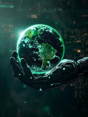 The robot holds the planet Earth in his hand on a digital background. The spread of digital technologies around the world. Development of robotization.