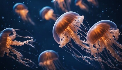 Wall Mural - Jellyfish. Many large jellyfish under water. Sea life. AI generated