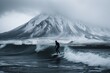 Surfer rive on wave in Alaska or Kamchatka 
