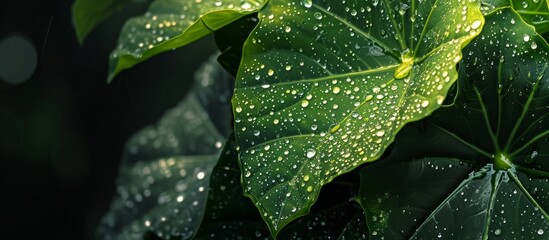 Poster - alocasia plant growing in the wild with water droplets and contrast filter.