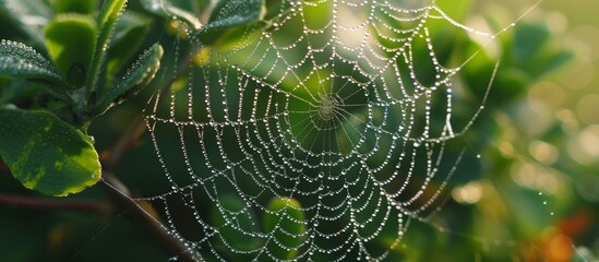Poster - The spider web is adorned with morning dew.