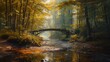 A picturesque wooden bridge arches over a gentle stream in a forest aglow with the golden hues of autumn, creating a fairytale-like scene.