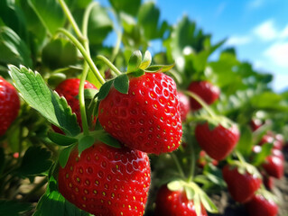 Wall Mural - A close-up of a vibrant strawberry field with ripe berries ready for picking. 