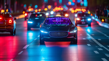 Luxury sedan driving on the street, utilizing driver assist technologies. 