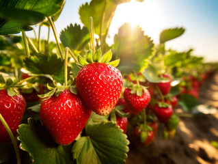 Wall Mural - A close-up of a vibrant strawberry field with ripe berries ready for picking. 