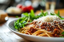 Savor Our Bolognese Spaghetti With Parmesan And A Side Of Fresh Green Salad Generative Ai