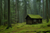 Lonely cabin in a coniferous forest. The cabin is surrounded by moss