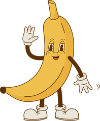 Wall Mural - Comic mascot of banana vector illustration. Funny retro cartoon tropical fruit character. Groovy style.