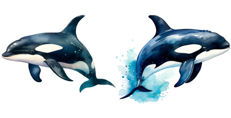 Sticker - Set of watercolor killer whale, isolated on transparent background