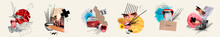 Surreal Abstract Collage Panorama Of Stick Tongue Out Fireplace At Trip With Retro Car Explore New Cities Isolated On Beige Background