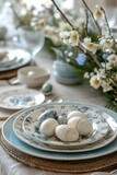 Fototapeta Tulipany - Easter colorful eggs in home decor, Easter design, flowers on the table, Easter decor ideas, spring