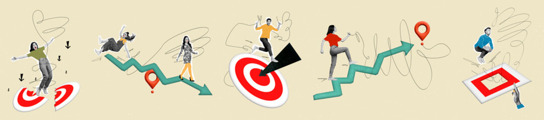 Poster - Collage panorama collection of business people reaching all their goals center dartboards arrow pointer geotag isolated on beige background