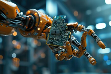 Poster - Hightech robot arm holds modern computer processor.