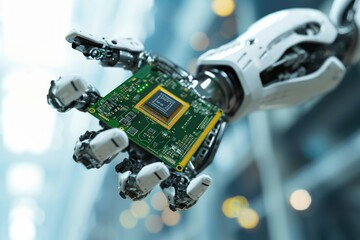 Poster - Hightech robot arm holds modern computer processor.