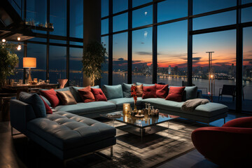 Wall Mural - Living room interior with a stunning sunset view over the urban skyline, modern decor