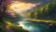 A picturesque landscape of a river flowing through a lush green forest at sunset, with cherry blossoms and mountains in the background