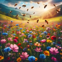 A Picturesque Scene Of A Meadow Filled With Wildflowers Of Various Colors, With Bees And Butterflies Hovering Over The Blossoms, Capturing The Essence Of A Vibrant And Lively Spring Day