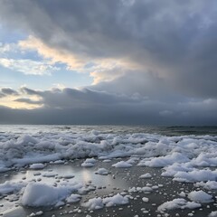 AI generated illustration of a wintry beach scene with icy water and snowflakes