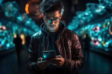 Poster - A tech-savvy individual exploring the benefits of cryptocurrency by making a secure and decentralized transaction using a blockchain wallet. Generative Ai.