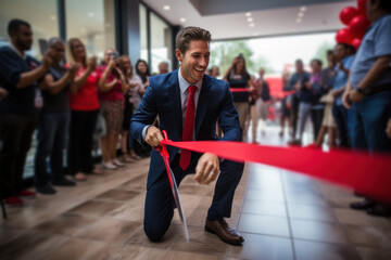 Wall Mural - A proud entrepreneur cutting a ribbon at the grand opening of a business, capturing the excitement and fulfillment of achieving a professional dream. Generative Ai.