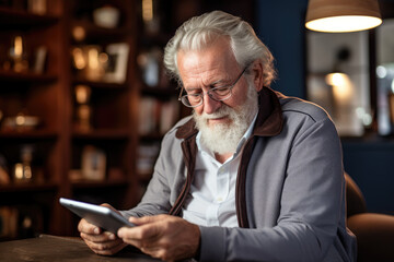 Canvas Print - Elderly man learning to use a tablet computer, symbolizing the adaptation to modern technology. Concept of lifelong learning and tech adoption. Generative Ai.