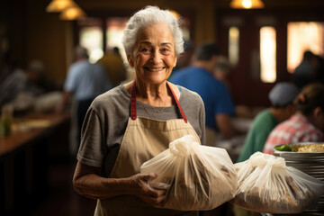 Poster - Elderly woman volunteering at a local shelter, showcasing the spirit of giving back to the community. Concept of altruism and social responsibility in later life. Generative Ai.