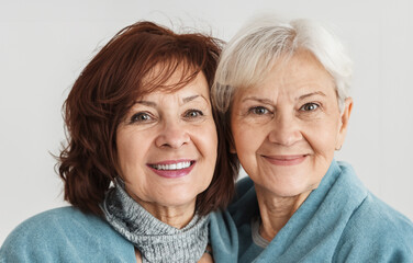 Portrait of two mature women friends smiling looking into camera