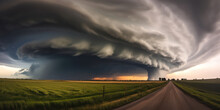 Stormy Weather: Dark Supercell Threatens Dramatic Landscape With Ominous Clouds And Tornado Formation Over Texas Meadow