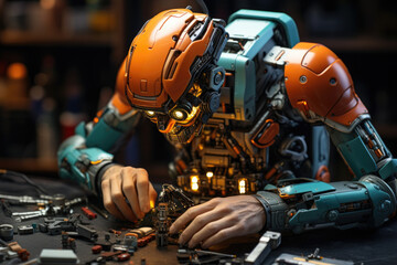 Poster - Building a simple robot from a DIY electronics kit, exploring technology and innovation. Concept of educational projects and tech hobbies. Generative Ai.